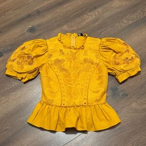 Express Mustard Yellow Lace Peplum Top Puff Sleeve Eyelet XS